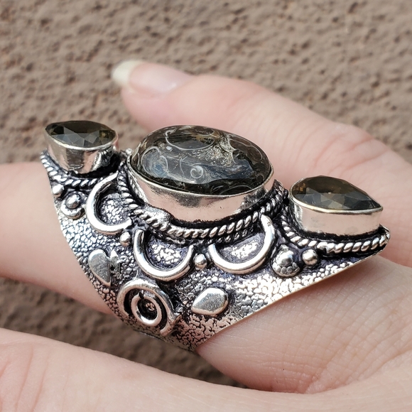 New Turtella Agate Fossil and Smoky Quartz 925 Silver Statement Ring. - Picture 16 of 16